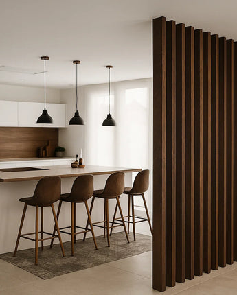 Decorative wood slat dividers are used to create subtle room segmentation, enhancing the overall design with rich natural wood tones.