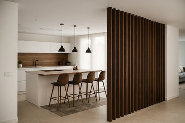 Decorative wood slat dividers are used to create subtle room segmentation, enhancing the overall design with rich natural wood tones.