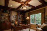 Cherry wood ceiling beams in a classic home office, adding rich warmth and elegance to the study room atmosphere with traditional design elements.