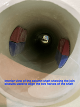 Interior view of a fiberglass column shaft showing the alignment biscuits used to join the two halves.