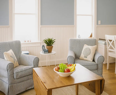 Interior view showing beadboard wall paneling kit used for wainscoting in a living room.