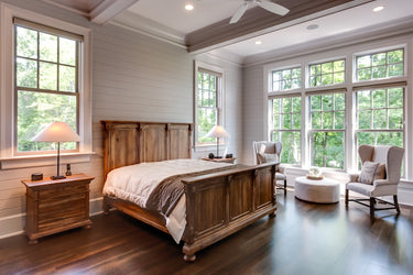 Recessed wood ceiling beams in MDF installed in a bedroom ceiling, featuring seamless recessed panels that enhance shiplap or tongue and groove designs; beams ship flat-packed for easy on-site assembly