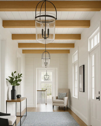 Smooth maple hardwood ceiling beam in a bright hallway, showcasing clean lines and light wood tones that enhance the modern, minimalist design.