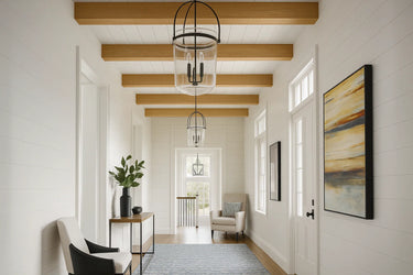 Smooth maple hardwood ceiling beam in a bright hallway, showcasing clean lines and light wood tones that enhance the modern, minimalist design.