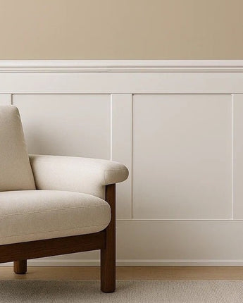 Primed MDF Flat Wainscoting Kit installed on an interior wall, emphasizing clean architectural lines and matching base and cap trim.