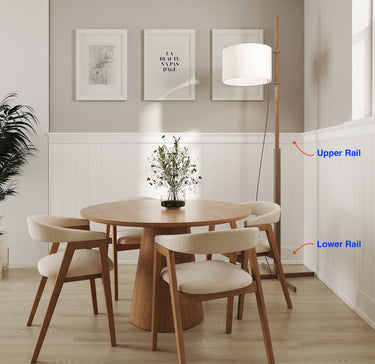 Dining room featuring flat panel wainscoting with chair rail moulding, creating a timeless, refined look with crisp architectural detail and smooth painted finish.