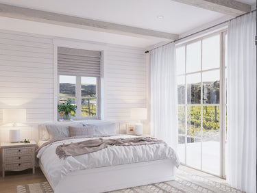 White Oak Hardwood Ceiling Beams installed in a bright bedroom with shiplap walls and white ceilings, showcasing smooth engineered wood construction that resists warping and can be stained to match any interior design style.