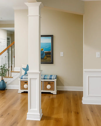 Home interior with a square half recessed MDF column wrap, designed with a 7 5/8-inch shaft width and on-site assembly.